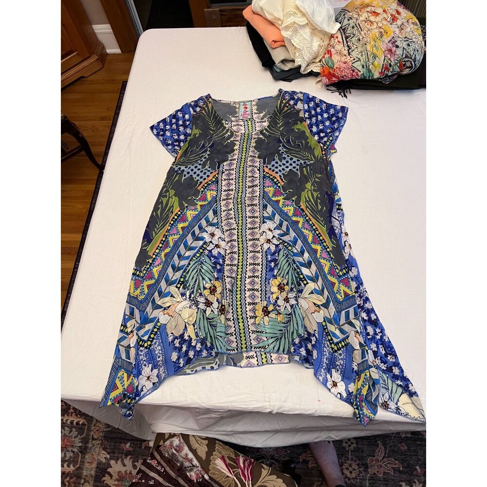 Johnny Was Silk Floral Patchwork Handkerchief Hem Mini Dress M